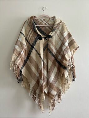 West Loop Neutral Plaid Hooded Fringe Poncho